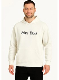 Resim Erkek Kapüşonlu Kanguru Cepli Sweatshirt 3 İplik Pamuklu Baskılı Hoodie - Beyaz 