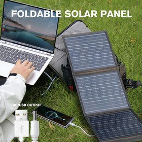 Resim Açık Hava Güneş Katlanır Güç Bankası 60W USB-12V Çıkış + DC Doğrudan Çıkış 18V Çıkış Katlanabilir ve Taşınabilir, Aydınlatma ve Şarj, Cep Telefonu Bataryaları ve Tablet Şarj Cihazları için Uygun, Ayrıca Kamp ve Karavan Gezileri için 