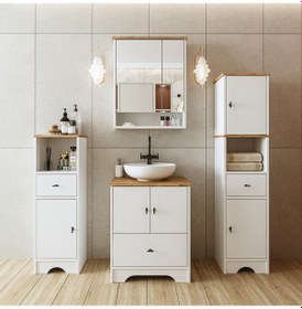 Resim Lavabolu Banyo Dolabı Mat Beyaz Mdf 60 Cm Çekmeceli Banyo Dolabı Atlantik Çam - Beyaz 