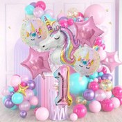 Resim 6 adet/takım 115cm Ekstra Büyük Kulaklar Unicorn Karikatür Şekilli Yuvarlak Folyo Balonlar Parti Süslemesi için Uygun Gradyan Sayılar 0-9 Yıldönümü Balonları 