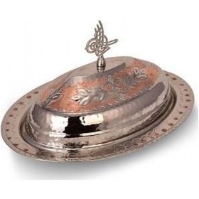 Resim Turna Bakır Hanedan Klasik Kapak Kayık Sunum Tabağı 35 Cm El İşleme Kırmızı Beyaz Turna4425-7 