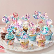 Resim 24 Adet Fantastik Denizkızı & Deniz Canlıları Pasta Süsleri - Canlı Prenses Doğum Günü Cupcake Süslemeleri, Kağıt Malzeme, Denizaltı Temalı Kutlamalar İçin Mükemmel, Denizkızı Parti Süslemeleri 