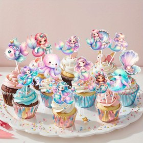 Resim 24 Adet Fantastik Denizkızı & Deniz Canlıları Pasta Süsleri - Canlı Prenses Doğum Günü Cupcake Süslemeleri, Kağıt Malzeme, Denizaltı Temalı Kutlamalar İçin Mükemmel, Denizkızı Parti Süslemeleri 