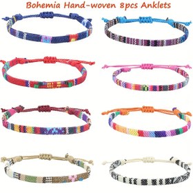 Resim 8 adet Bohemian El Örgüsü Ayak Bilekliği - Ayarlanabilir, Vintage Etnik Stil, Kadınlar ve Erkekler için Renkli Polyester Bantlar, Yaz, Plaj ve Parti Aksesuarları için Mükemmel, Plaj Aksesuarları|Canlı Ayak Bileklikleri|Polyester Ayak Bileklikleri 