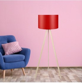 Resim Pratik Krem Ahşap Üç Ayaklı Lambader Kırmızı Pvc Başlık Oturma Odası Köşe Lambası Kırmızı 