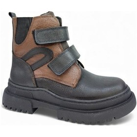 Resim Hakiki Deri Ortopedik Cırtlı Kahve Siyah Erkek Çocuk Bot Kahverengi 