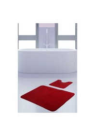 Resim Unicolor Düz Kırmızı 2'li Banyo Paspası Halısı Seti Kaymaz Deri Kırmızı 