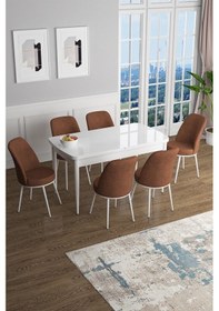 Resim Canisa Han Serisi, Beyaz 70x114 Açılabilir Mdf Yemek Odası Takımı, 6 Kiremit Sandalye Masa Beyaz Sandalyeler Kiremit 