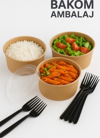 Resim BAKOM AMBALAJ 10'lu 750 CC Organik Kraft Karton Salata Kasesi Kapaklı + 10'lu Lüks Siyah Plastik Çatal Seti 