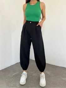 Resim Bella Dossi Kemerli Yüksek Bel Paçası Lastikli Spor Kadın Şalvar Pantolon Siyah 