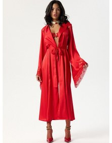 Resim Eclatant Kırmızı Dantelli Uzun Saten Sabahlık / Kimono Kırmızı 