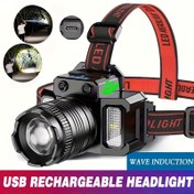 Resim 1 Adet USB Şarj Edilebilir Hareket Sensörlü Kafa Lambası, Taşınabilir Yakınlaştırılabilir Ayarlanabilir Açı Çalışma El Feneri, 5 Modlu Acil Durum ve Tamirat için Eller Serbest Torch 