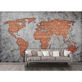 Resim Kırmızı Tuğla Beton Zemin Dünya Haritası 