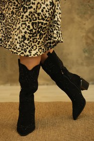 Resim Guja 24K131 Siyah Süet Taşlı Parlak Sivri Burun Kalın Topuk Tasarım Şık Kovboy Western Bot Ayakkabı 