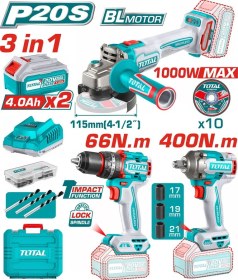 Resim Total TOSLI241291E Darbeli Matkap + Avuç Taşlama + Somun Sıkma + 2x4AH Akülü Set 3'lü 