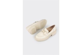 Resim Elle Bej Deri Kadın Loafer 