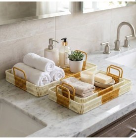 Resim Buffer İç İçe Geçebilen 3 Lü Dikdörtgen Plastik Rattan Tepsi Seti Çift Renkli Hasır Görünümlü Çok Amaçlı Servis Ve Sunu Kahverengi 