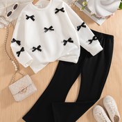 Resim Kız Çocukları İçin Şık İki Parça Kombin: Düz Renk, Yuvarlak Yaka, Düşük Omuz Tasarımlı ve Fiyonk Detaylı Sweatshirt ve Uzun Pantolon, Sonbahar ve Kış Aylarında Günlük Geziler İçin Mükemmel, Dış Mekan 