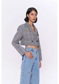 Resim Kareli Çift Düğmeli Crop Blazer Ceket Gri Gri 