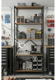 Resim Metal Gövdeli Kitaplık, Çok Amaçlı 5 Katlı Mutfak & Banyo Rafı - Kahve Ahşap 