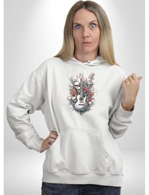 Resim Gitar Kafatası Güller Doğa Uyumu Kadın Erkek Beyaz Kapüşonlu Sweatshirt Hoodie Beyaz 