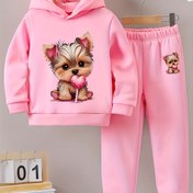 Resim Kızlar ve çocuklar için pembe iki parçalı takım, rahat ve trend, sevimli köpek baskısı, kapüşonlu uzun kollu polar sıcak ve moda kazak ve rahat spor pantolonu, sonbahar ve kış kıyafeti, dış mekan için 