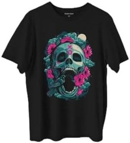 Resim Sugar Skull Skeleton Rose Kuru Kafa Gül Baskılı Tişört Unisex T-Shirt 