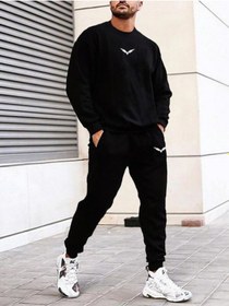 Resim Unisex Wing Baskılı Bisiklet Yaka Sweatshirt + Eşofman Altı Jogger Eşofman Takımı Siyah 