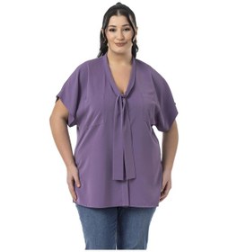 Resim Büyük Beden Yakada Bağlama Detaylı Düşük Yarım Kollu Mor Bluz Mor 