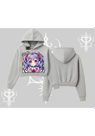 Resim Kapşonlu Crop Sweatshirt Hello Anime Kız Sevimli Karakter Baskılı Gri 