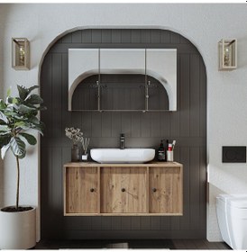 Resim Oval Lavabolu Mdf 105 Cm Çekmeceli Dolabı + Aynalı Dolap Atlantik Atlantik Çam 