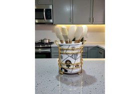 Resim Feyza Design Şık Seramik ve Metal Mutfak Kaşıklık, Hamse Desen, Gold Detaylar 