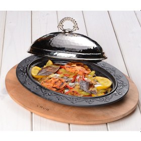 Resim Lava Döküm Oval Döner. Kebap Tabağı. Ahşap Altlıklı. Ölçü 21x16cm 