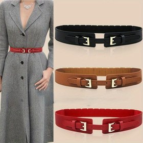 Resim Punk Çift Pin Toka Geniş Kemerler Trendy Düz Renk PU Bel Kemeri Kadınlar için Klasik Elbise Ceket Kuşak 