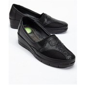 Resim Büyük Numara Hakiki Deri Kadın Günlük Ortopedik Ayakkabı Siyah Yan Streçli-3509 Siyah 