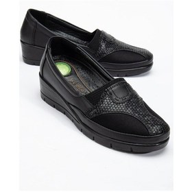 Resim Büyük Numara Hakiki Deri Kadın Günlük Ortopedik Ayakkabı Siyah Yan Streçli-3509 Siyah 