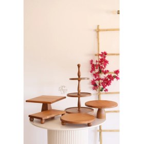 Resim Justwood 5li 3 Katlı Kek Standı, 29 cm Pastalık, 29 cm Risus, 17 x 30 Rısus,29 x 29 Piramit Ahşap Çeyiz Seti 