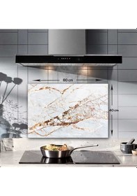 Resim Cam Ocak Arkası Koruyucu|Gold Detaylı Beyaz Mermer | 40cm x 60cm 