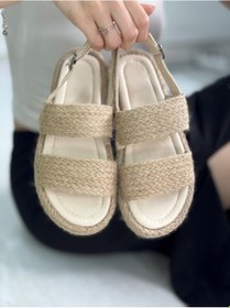 Resim Günlük Kadın Bej Sandalet Hasır Detaylı Bantlı Rahat Dikişli Taban Tokalı Hafif Ayakkabı 058 Bej 