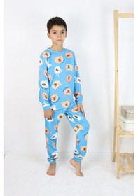 Resim Harika Kids Erkek Çocuk Baskılı İnterlok Kumaş Uzun Kollu Pijama Takımı Açık Mavi 