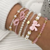 Resim 6'lı Paket Cam Pirinç Boncuklu El Yapımı Yumuşak Kil Katmanlı Bileklik Seti - Pembe Serisi, Sevimli ve Seksi, Çok Yönlü Tatil Y2K Fiyonk Kalp Bilezik Hediye Seti 