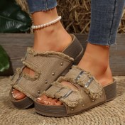 Resim Kadınların Vintage Esintili Kaydırmaz Platform Sandaletleri - Bej Kumaş Üstü ile Tokalı Kayışlar, Elastik Konfor, Yuvarlak Parmak, ve Yaz Stili için Yırtık Detaylar, Kayışlı Sandalet 