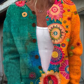 Resim Renkli Çiçek Desenli 3D Baskılı Hırka - Genç Stil, Polyester Örgü Kumaş, Düğme Detayları, Yuvarlak Yaka, Tüm Sezon Giyim 