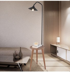 Resim Clifferd Siyah Başlıklı Ahşap Sehpalı Modern Ayaklı Abajur Lamba Ahşap Lambader 