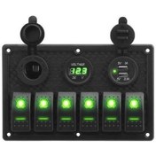 Resim 6'lı ON-OFF Yeşil Işıklı Anahtar Switch Panel 2x5V USB Çakmaklık 