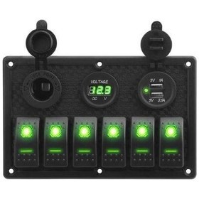 Resim 6'lı ON-OFF Yeşil Işıklı Anahtar Switch Panel 2x5V USB Çakmaklık 