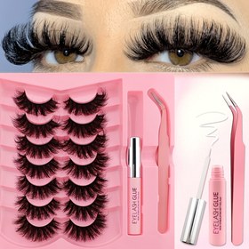 Resim 7 Çift Kabarık ve Kıvırcık 3’ü 1 Arada Takma Kirpik Seti, Yapışkanlı Kedi Gözü Kirpikler, Yoğun ve Hacimli, Seyahat Seti, Farklı Etkinlikler İçin Uygun, Uzun Süreli Tutuşlu, Su Geçirmez, Kolay Uygulanabilir, Rahat Suni Vizon Kirpik Yapıştırıcı Set 