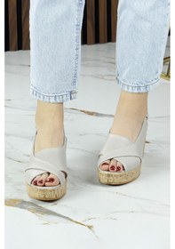 Resim Erkan Saçmacı Serie Vizon Hakiki Dana Derisi Delik Detaylı Mantar Taban Görünümlü Dolgu Topuklu Slingback Sandalet 