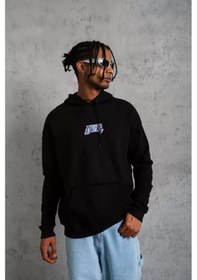 Resim Erkek Baskılı Oversize Üç İplik Kapüşonlu Sweatshirt - Siyah Siyah 