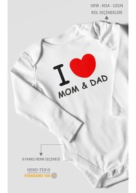 Resim I Love Mom And Dad Baskılı Bebek Zıbını Çıtçıtlı Body %100 Pamuk Uzun Kol Beyaz 